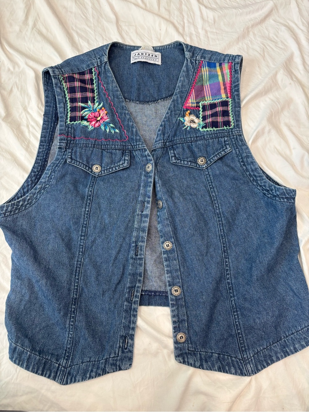Denim Button Up Vest Floral Embroidery